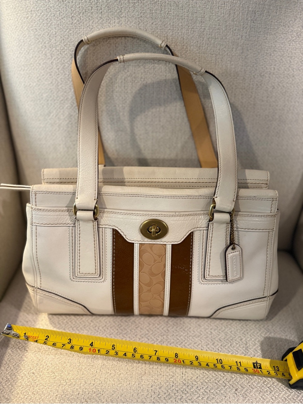 Coach Cream and Brown Striped Signature Tote Shoulder Bag